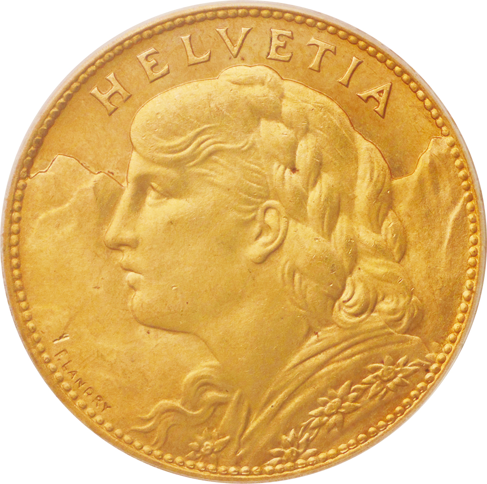 NGC-MS66 スイス連邦 10フラン 1922B アルプスと少女 ベルン鋳 JCC | ジャパンコインキャビネット / スイス 1922年 10フラン