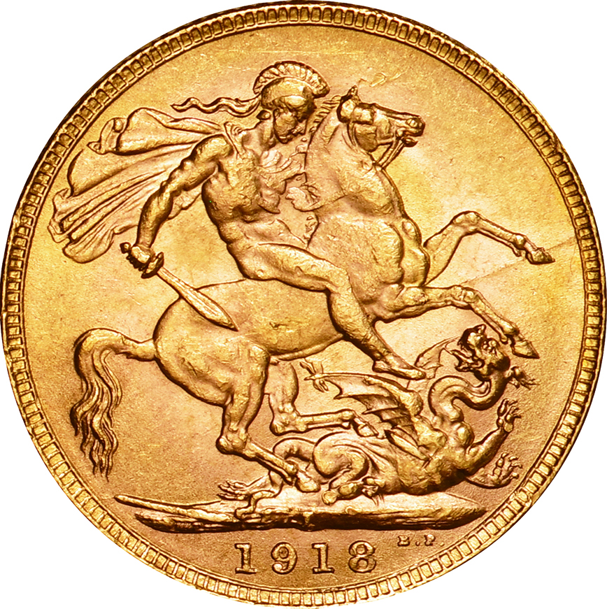 英領インド (British India)/ ジョージ5世像 1ソブリン金貨 1918年(I