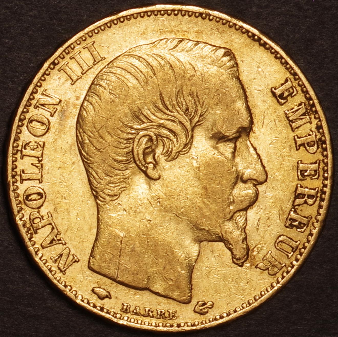 特年・有冠・月桂冠】1870年 フランス ナポレオン3世 20フラン 金貨 