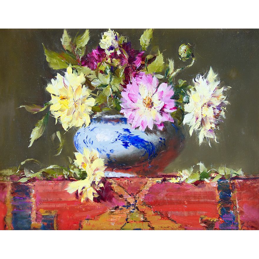 Robert Johnson (1942- ), Dahlias in Japanese Bowl