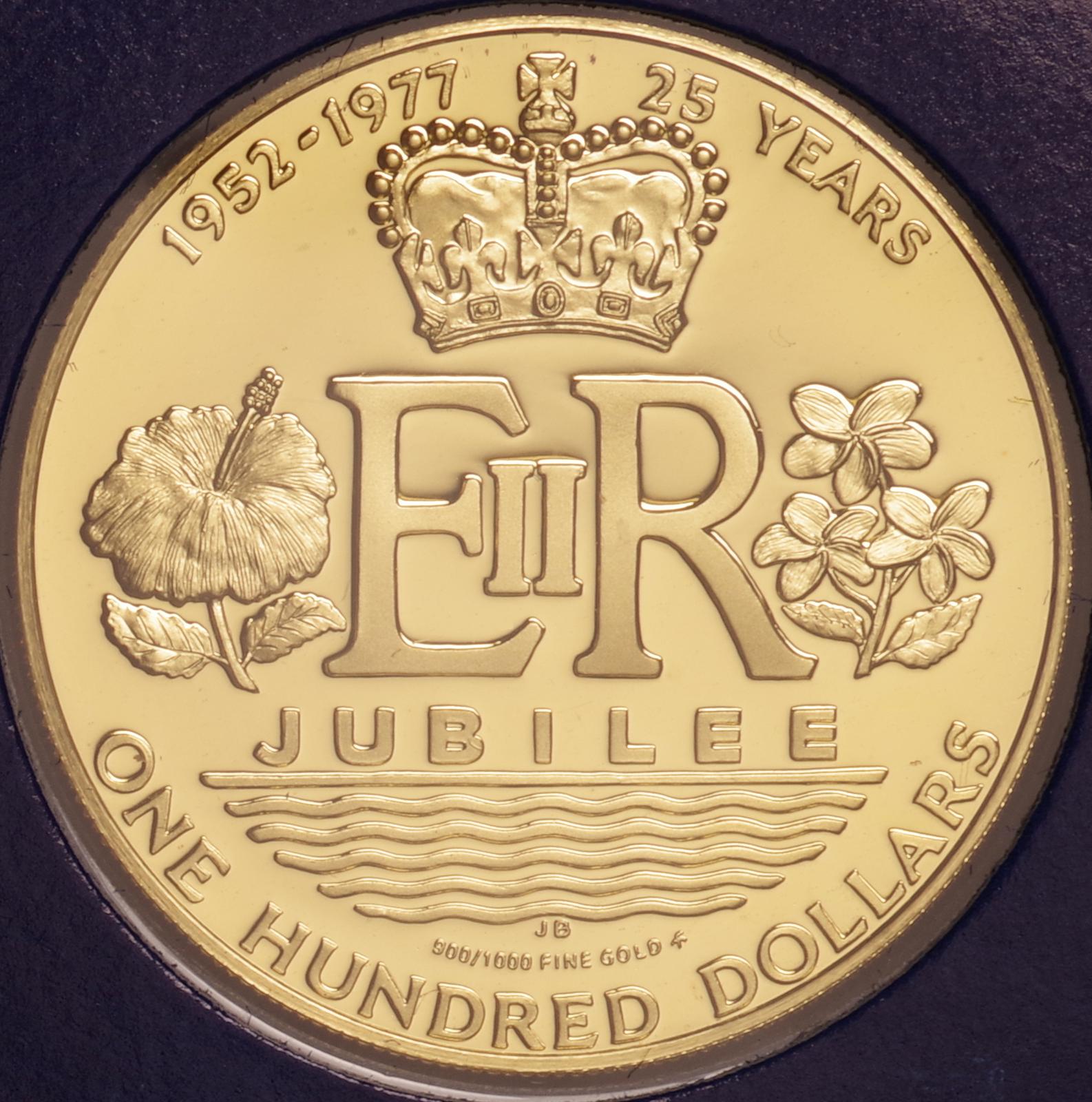 エリザベス女王在位25年記念 100ドル金貨 1977年 KM19 プルーフ 
