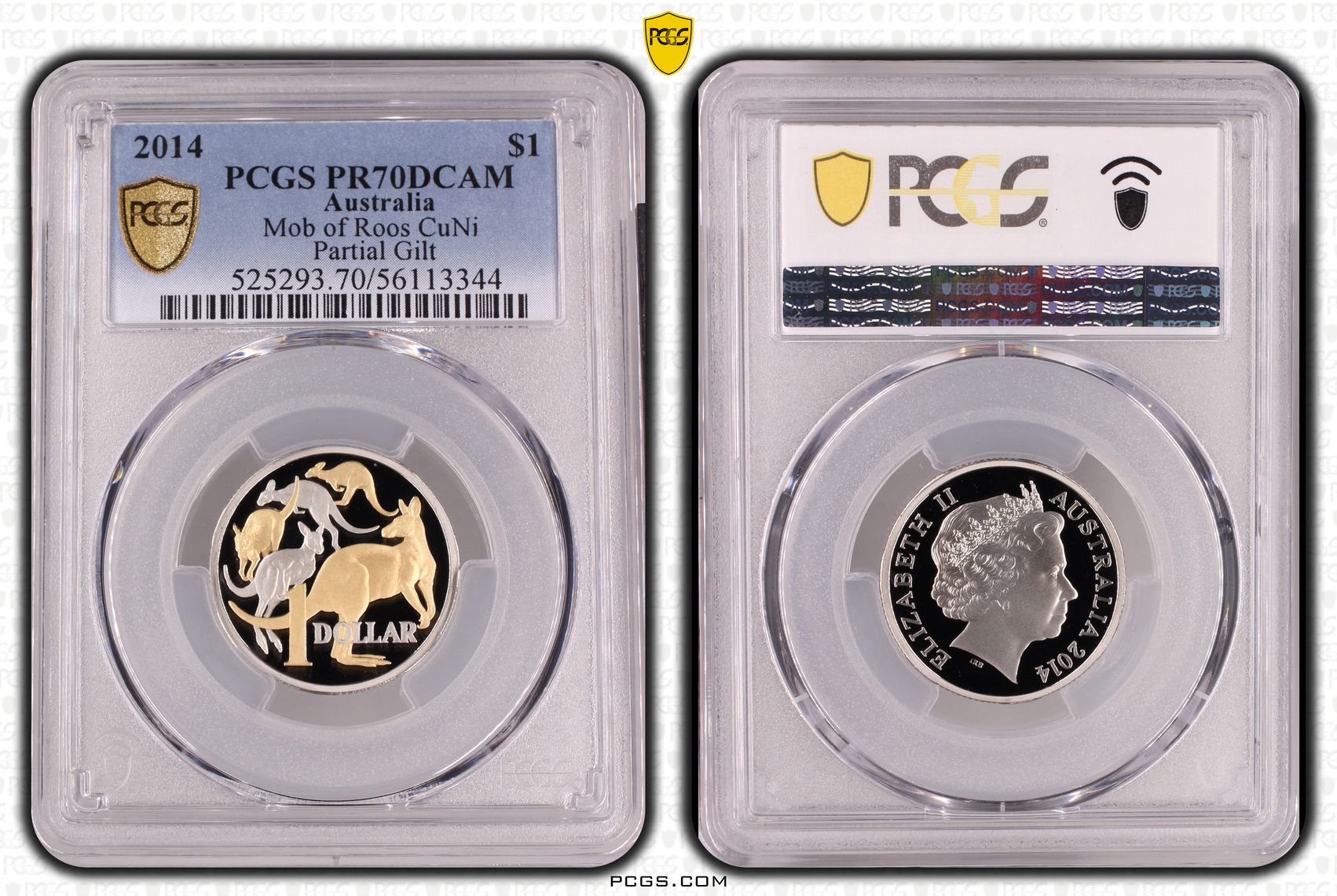 Mob of Roos CuNi Partial Gilt, One Dollar, 2014, PR70DCAM