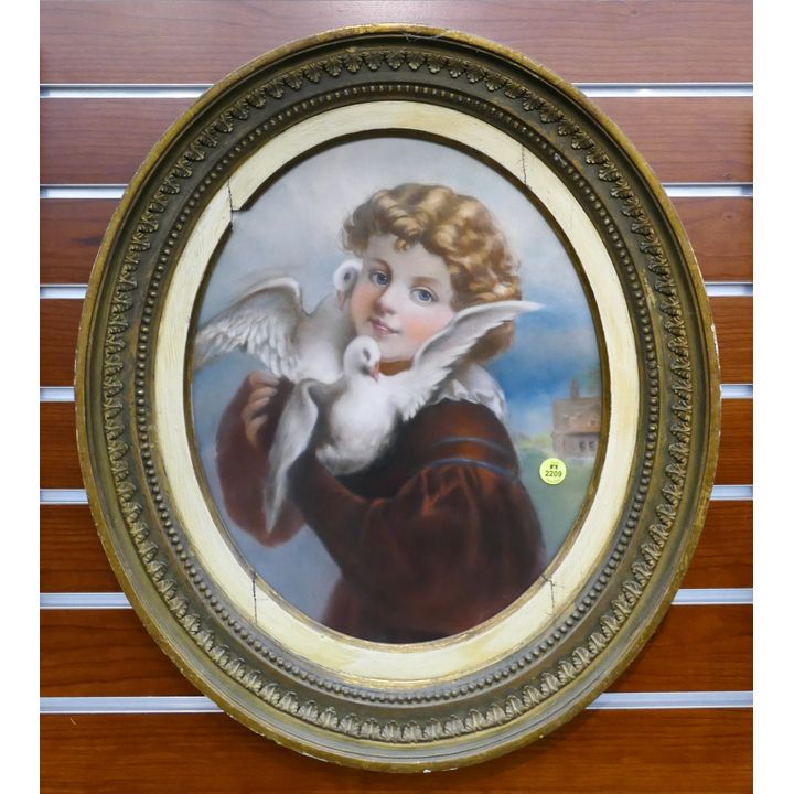 Antique Child with Doves Pastel Oval Painting Framed- 21x18''