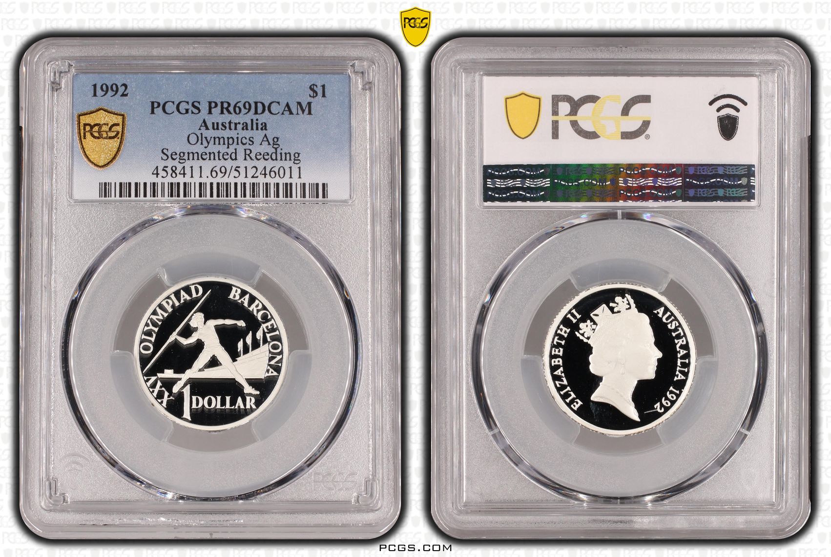 Olympics Ag - Segmented Reeding, One Dollar, 1992, PCGS PR69DCAM