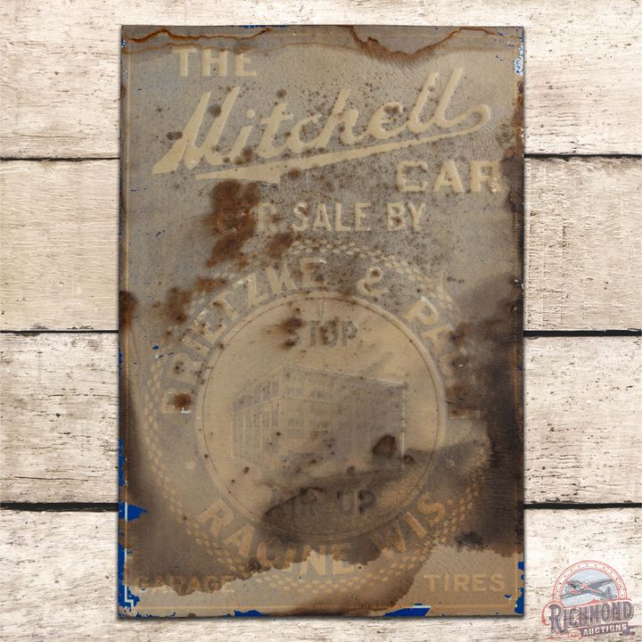 1920s NOS Mitchell Car Garage Tires Emb. Single Sided Tin Sign w/ Automobiles Racine Wisconsin
