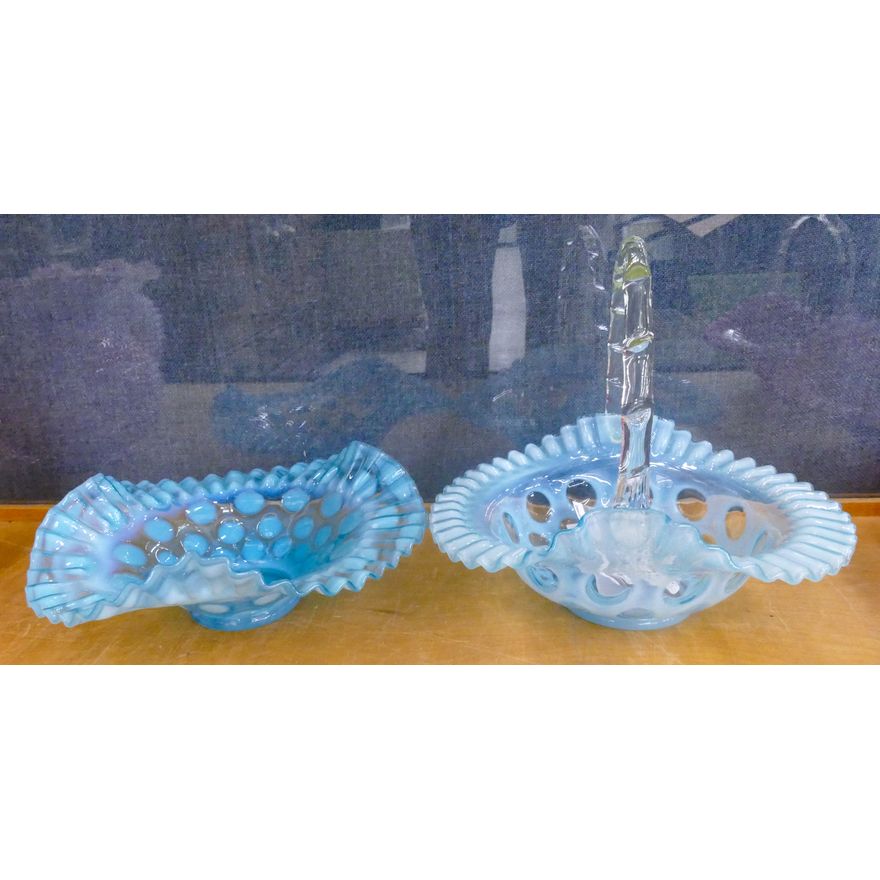 2pc Fenton Blue Coin Dot Rufled Basket & Bowl