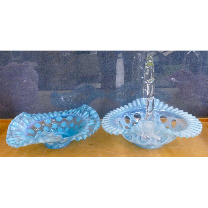 2pc Fenton Blue Coin Dot Rufled Basket & Bowl