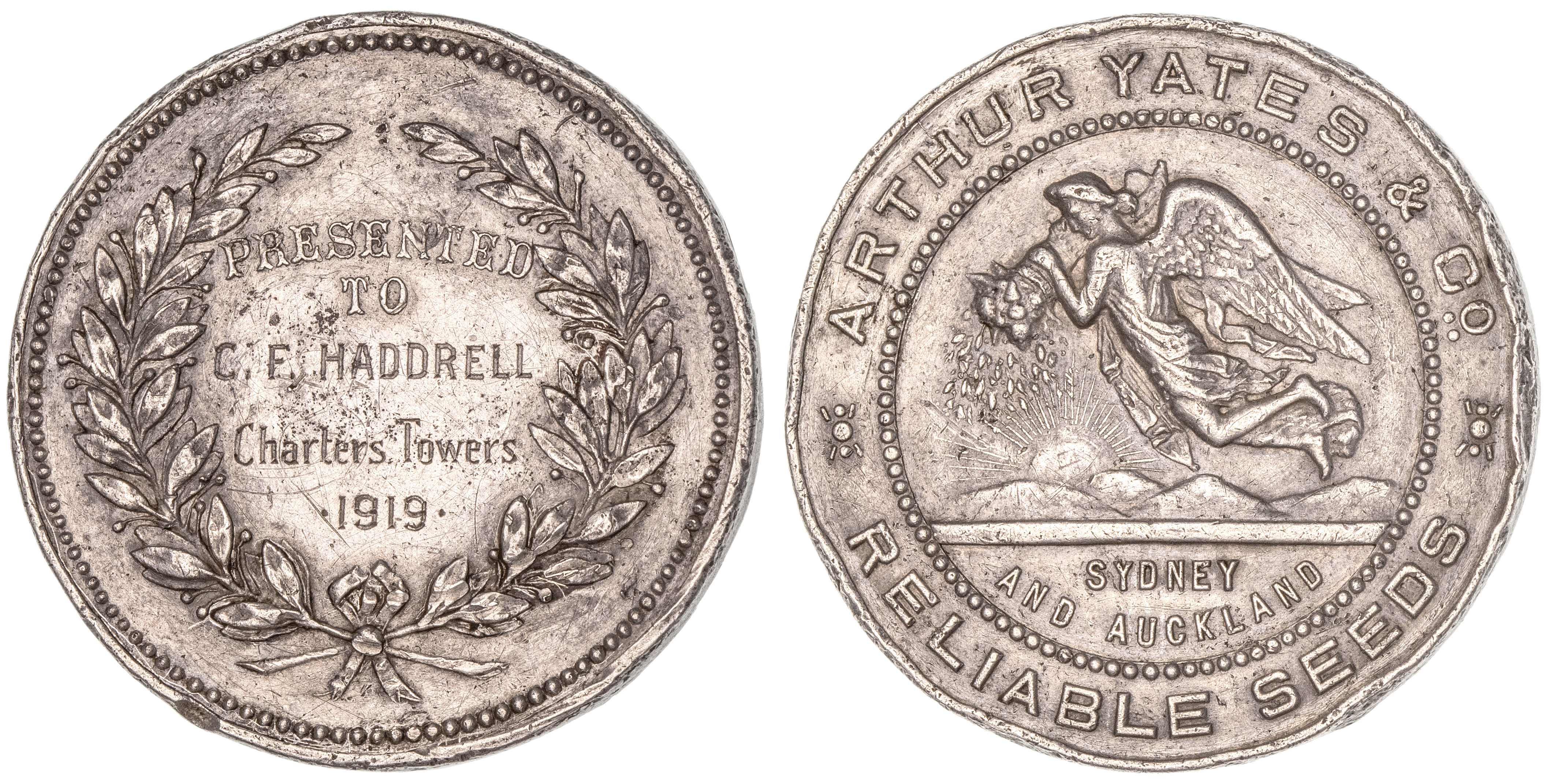 299 · Arthur Yates Seeds, Australasia, Silver Award Medal, 1919, VF