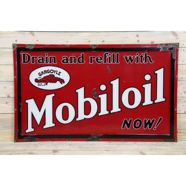 Mobiloil w/ Gargoyle "Drain & Refill with" Single Sided Porcelain Self Framed Sign TAC 8
