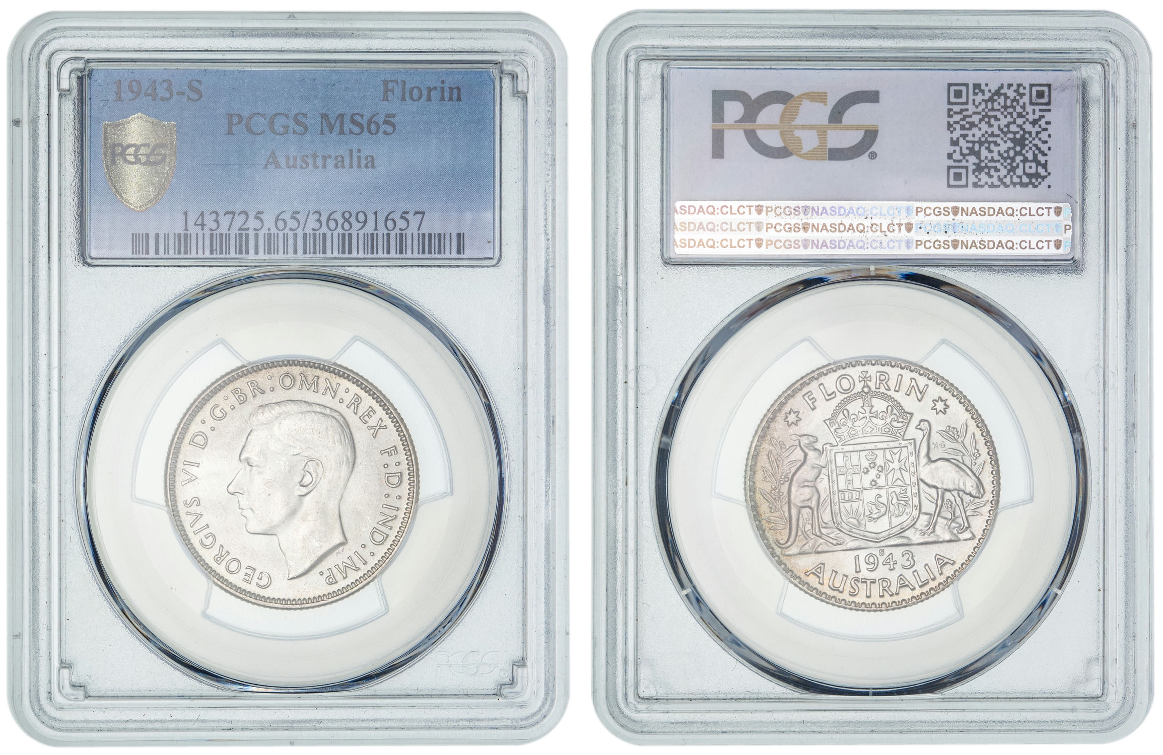 George VI, Florin, 1943-S, PCGS MS65