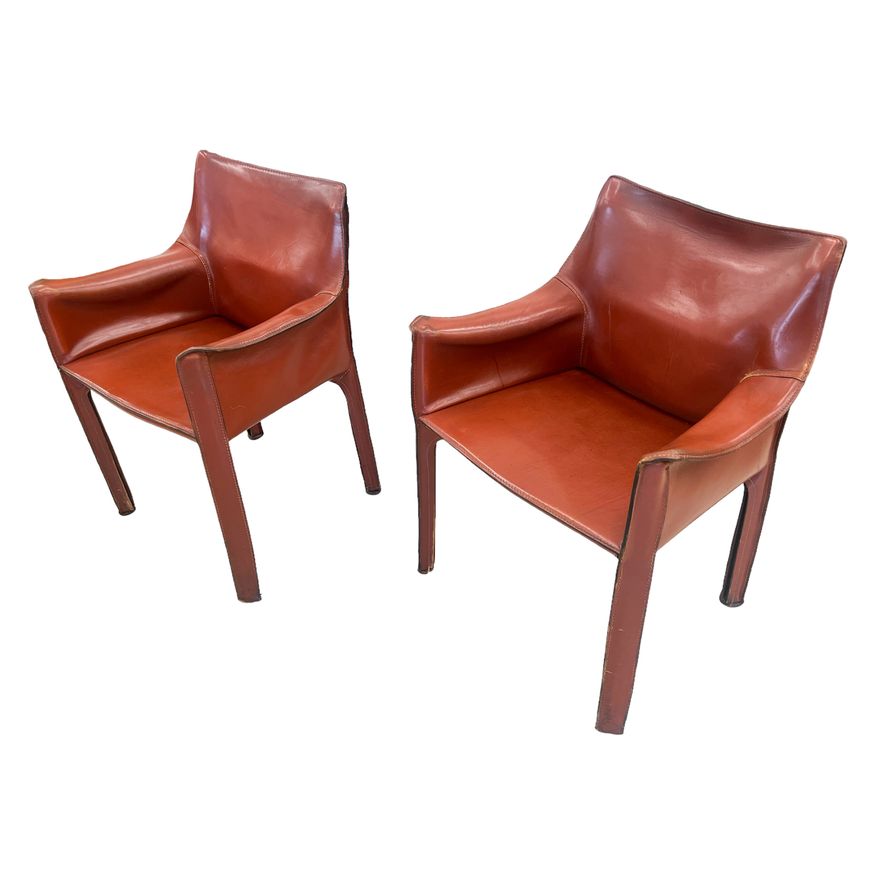 Pair Mario Bellini ''Cab 413'' Red Leather Armchairs