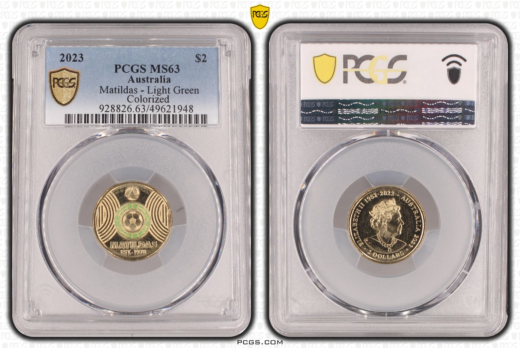 Matildas - Light Green Colorized , Two Dollar, 2023, PCGS MS63