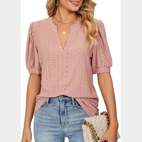 2025 SUMMER PUFF SHORT SLEEVE SHIRTS FOR WOMEN LOOSE FIT EYELET T SHIRT NOTCH V NECK TUNIC BLOUSE HOLLOW OUT WORK TOPS PUEPLE'S