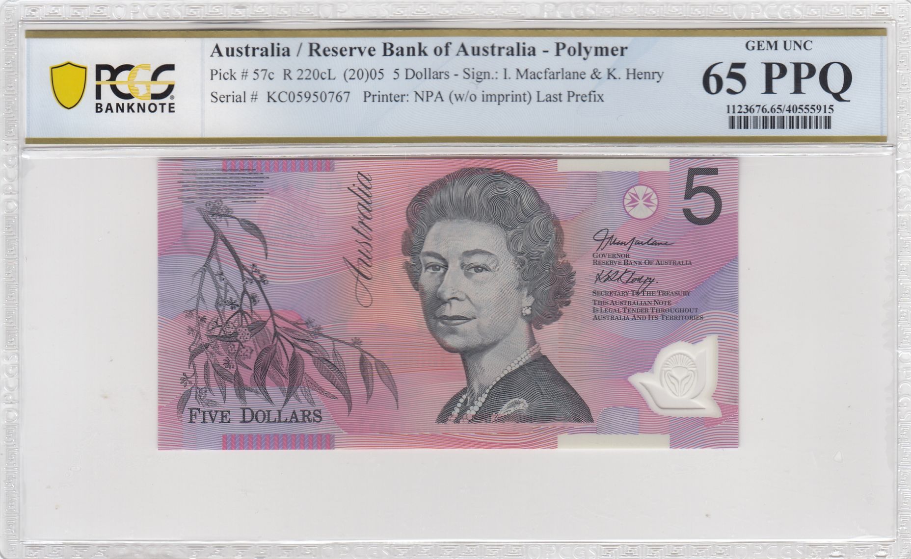Macfarlane/Henry, Last Prefix, Five Dollar, 2005, PCGS Gem UNC 65 PPQ