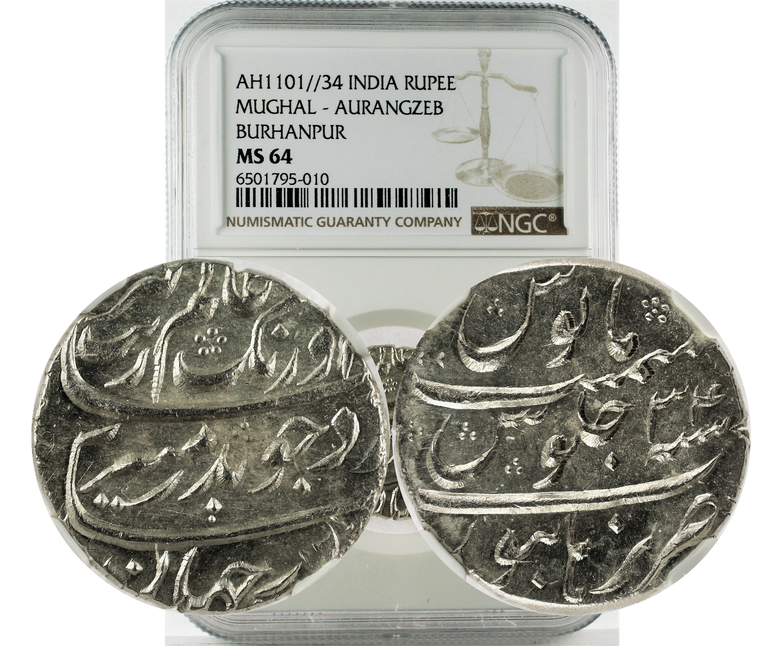 AH1101//34 INDIA MUGHAL - AURANGZEB BURHANPUR RUPEE MS 64