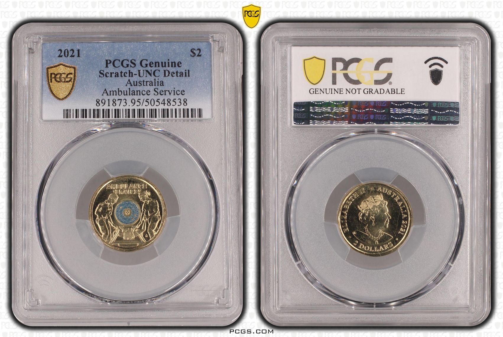 Ambulance Service - Colorized, Two Dollar, 2021, PCGS Genuine - UNC Details (95 - Scratch)