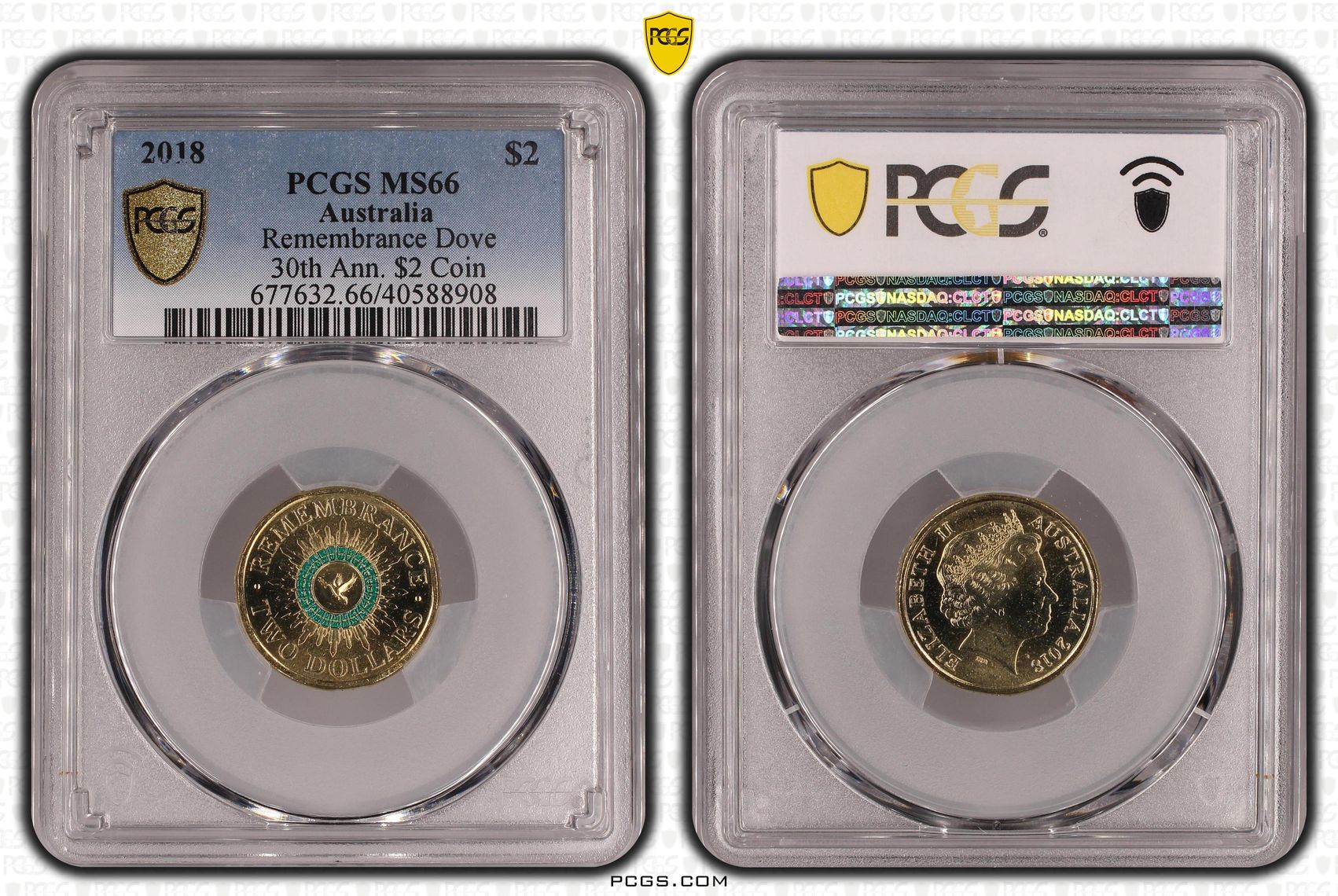 Remembrance Dove Colourised 30th Ann. $2 Coin, Two Dollar, 2018, PCGS MS66