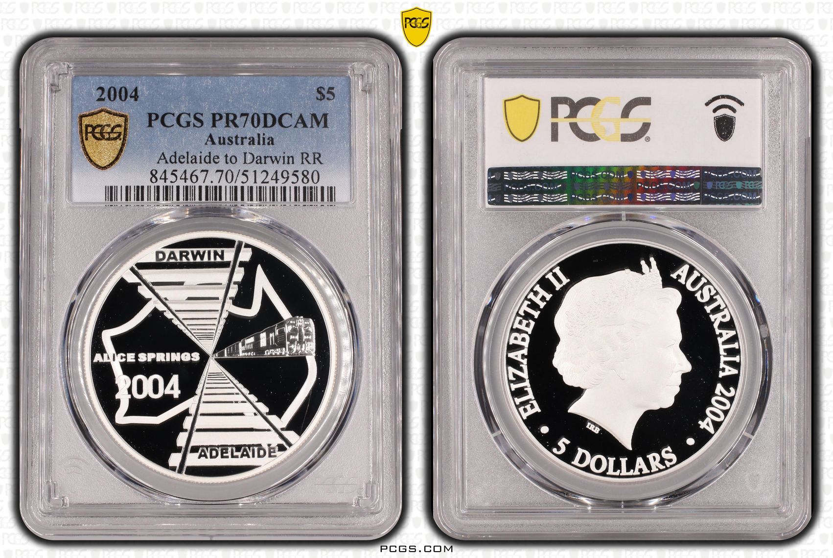 Adelaide to Darwin Railway, Silver, POP 6/0, Five Dollar, 2004, PCGS PR70DCAM