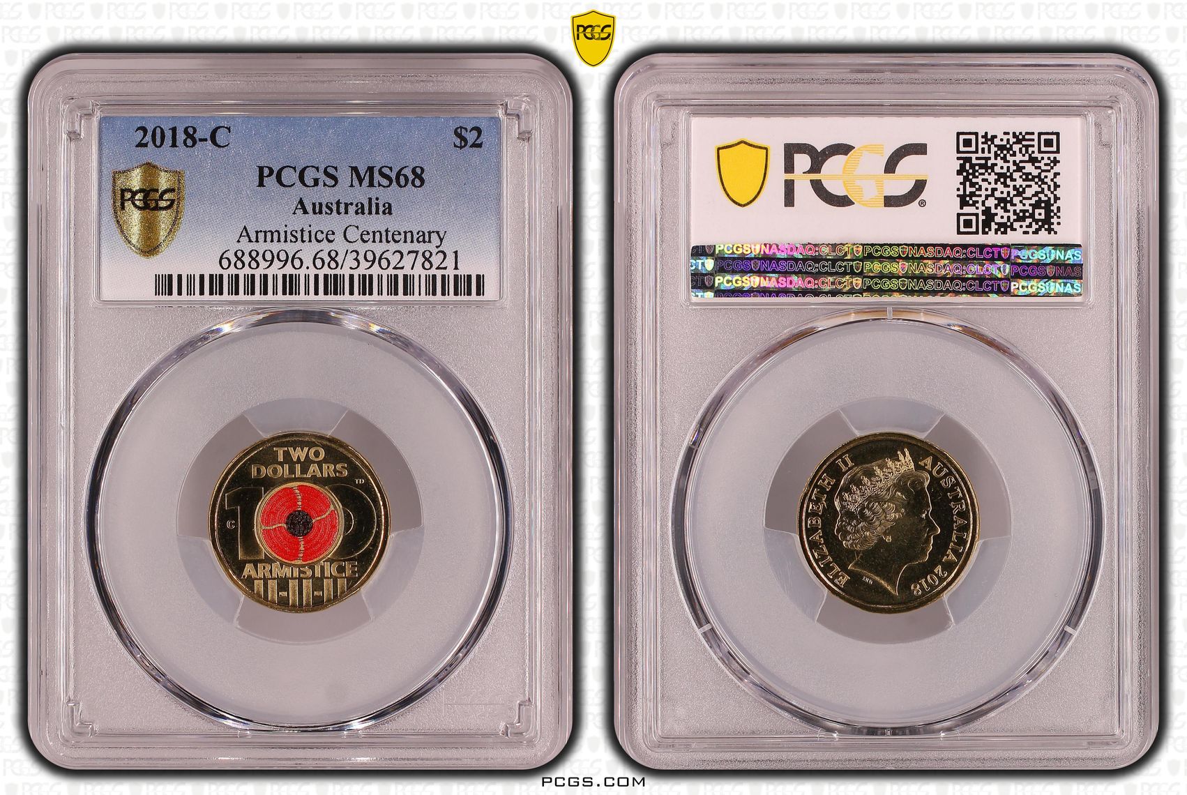 Armistice Centenary Colourised, Two Dollar, 2018-C, PCGS MS68