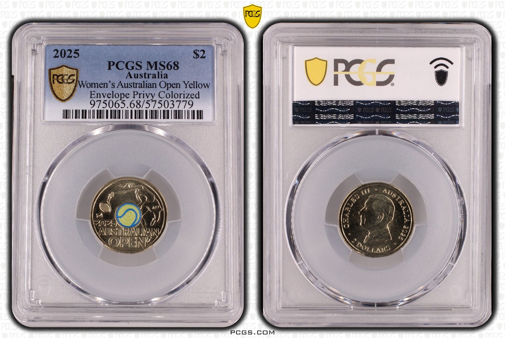 Women's Australian Open Yellow Envelope Privy Colourised, Two Dollar, 2025, PCGS MS68