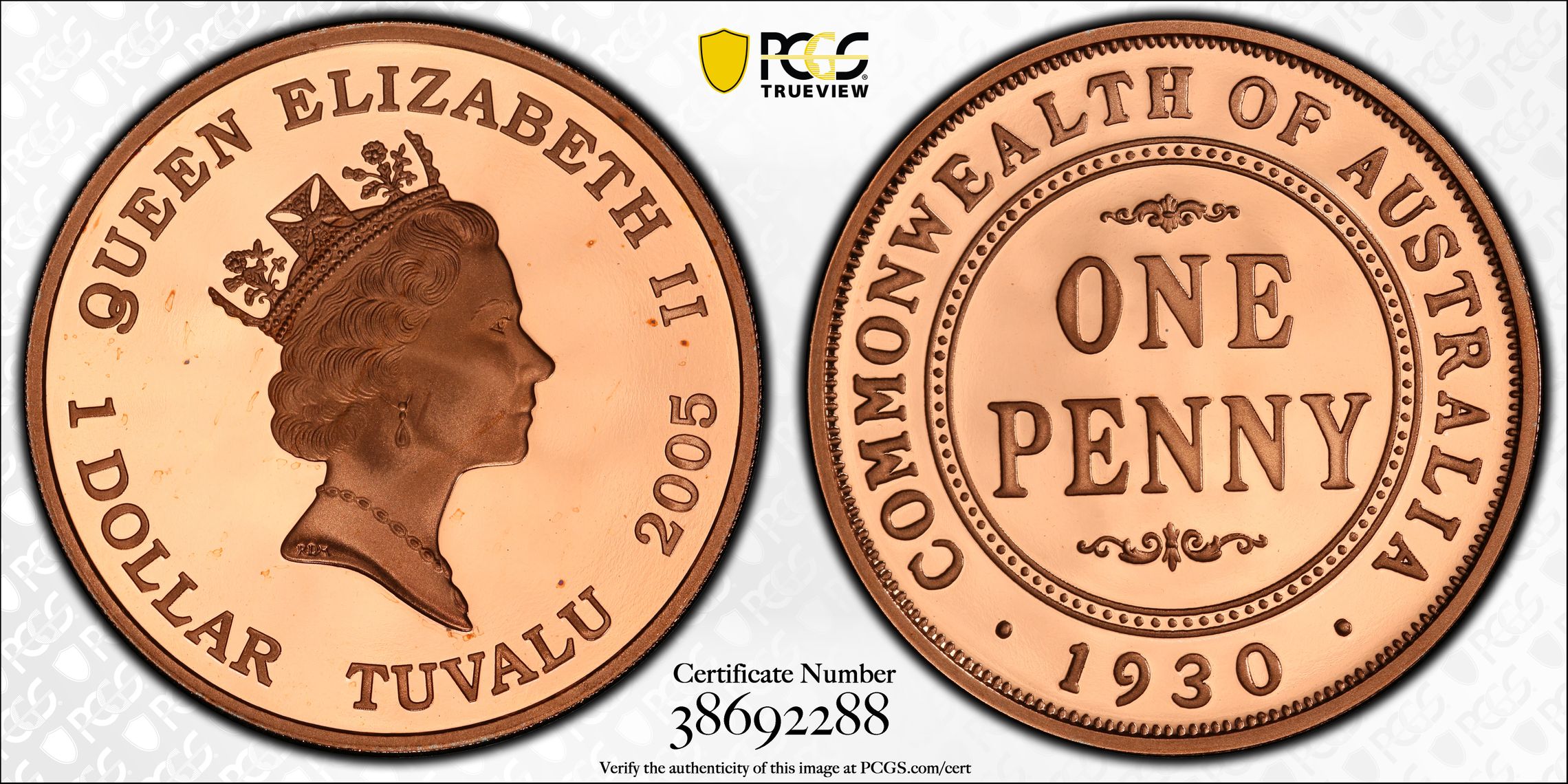 2005 Tuvalu One Dollar, $1 Proof 1930 Aus 1D Cu-Plated Silver PCGS - PR68BN POP 1/0 -288