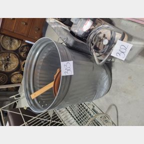 Galvanized Trashcan, Bird Houses and Tennis Racket