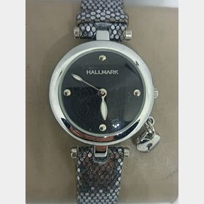 LADIES HALLMARK - SILVER COLOUR MATERIAL BAND - BLACK DIAL - 51929/12120