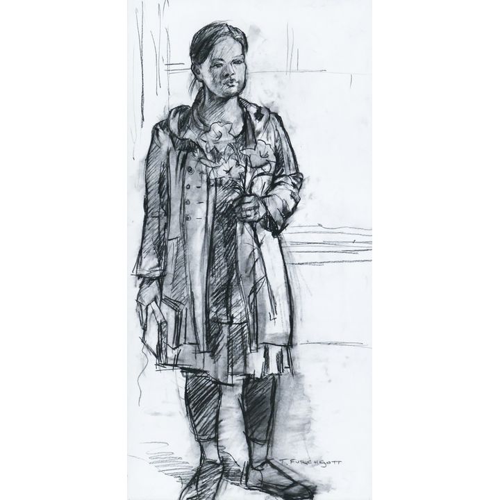 Terry Furchgott ''Standing Woman with Flowers'' Charcoal on Paper Framed