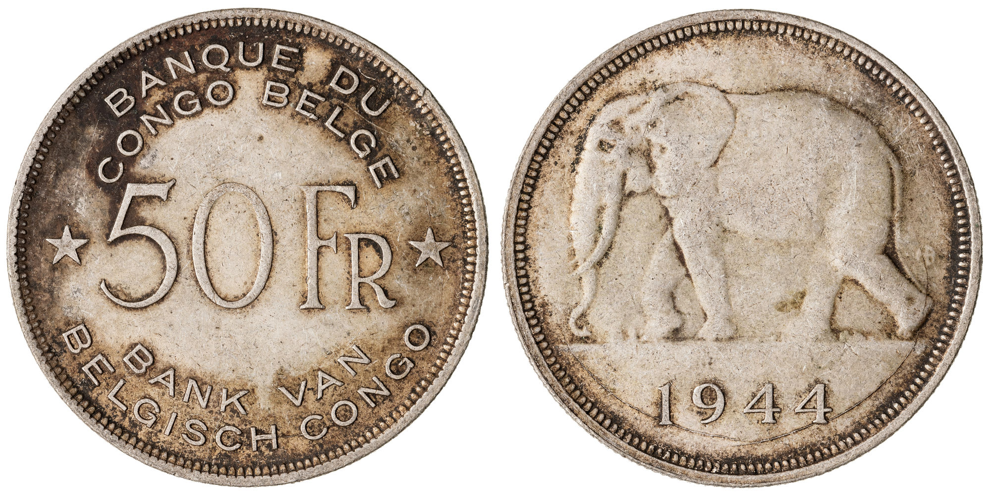 Belgian Congo, Leopold III, Fifty Francs, 1944, Fine