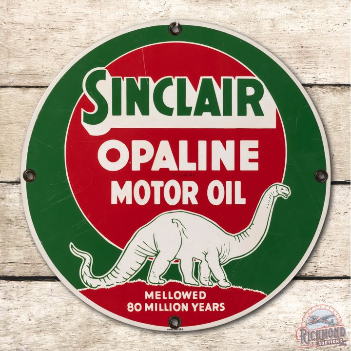 16" Sinclair Opaline Motor Oil w/ White Dino Porcelain Sign