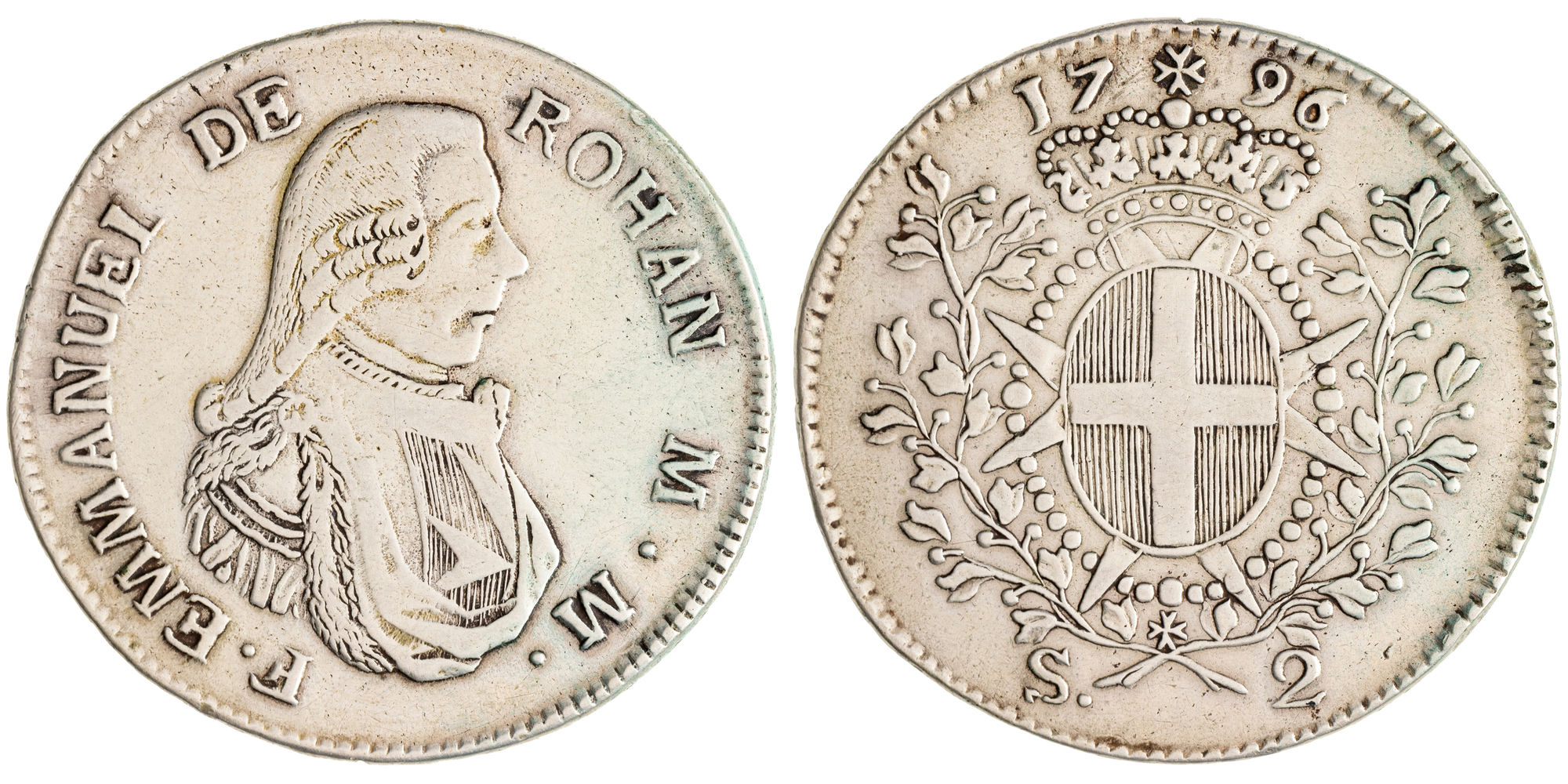 Malta, Emmanuel de Rohan, Order of Hospitallers, Two Scudi, 1796, gF