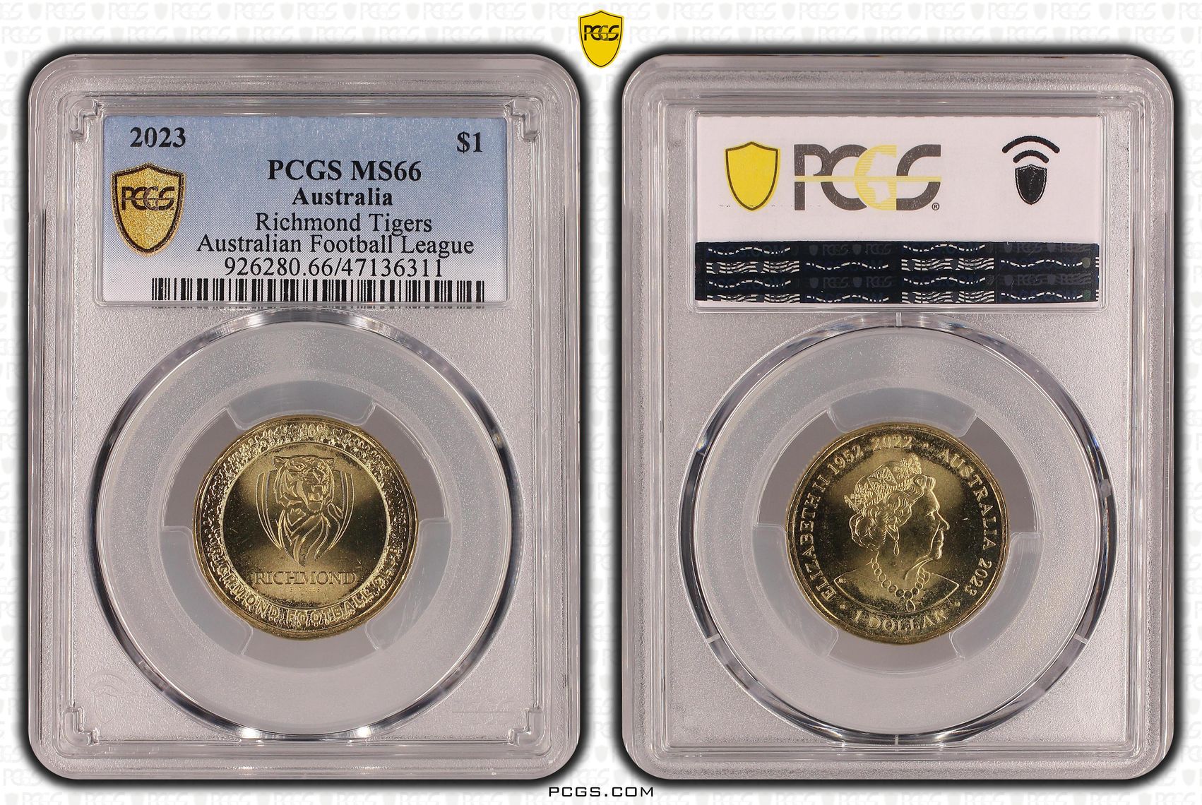 Elizabeth II, AFL - Richmond Tigers POP 6/0, One Dollar, 2023, PCGS MS66
