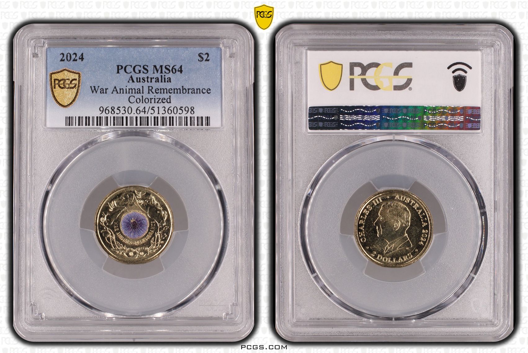 War Animal Remembrance Colourised, Two Dollar, 2024, PCGS MS64