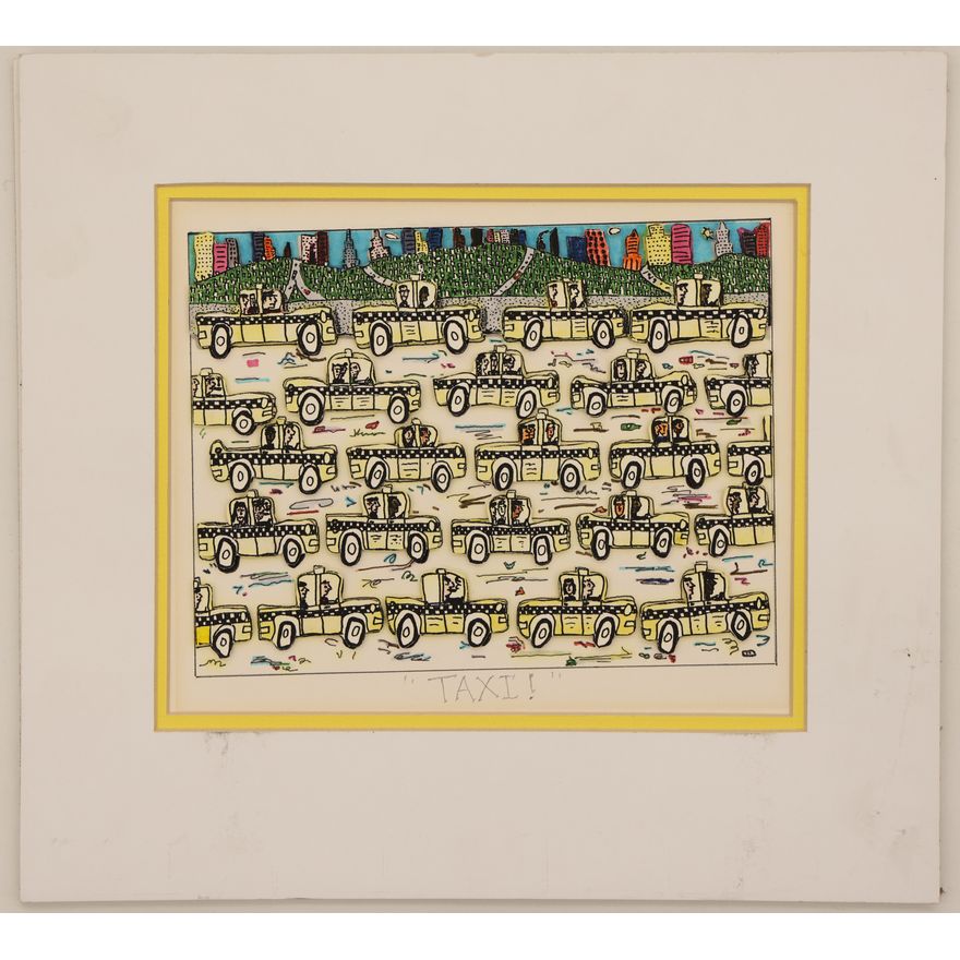 James Rizzi ''Taxi'' Ink and Watercolor Matted 11.5''x12.5'' - Unsigned
