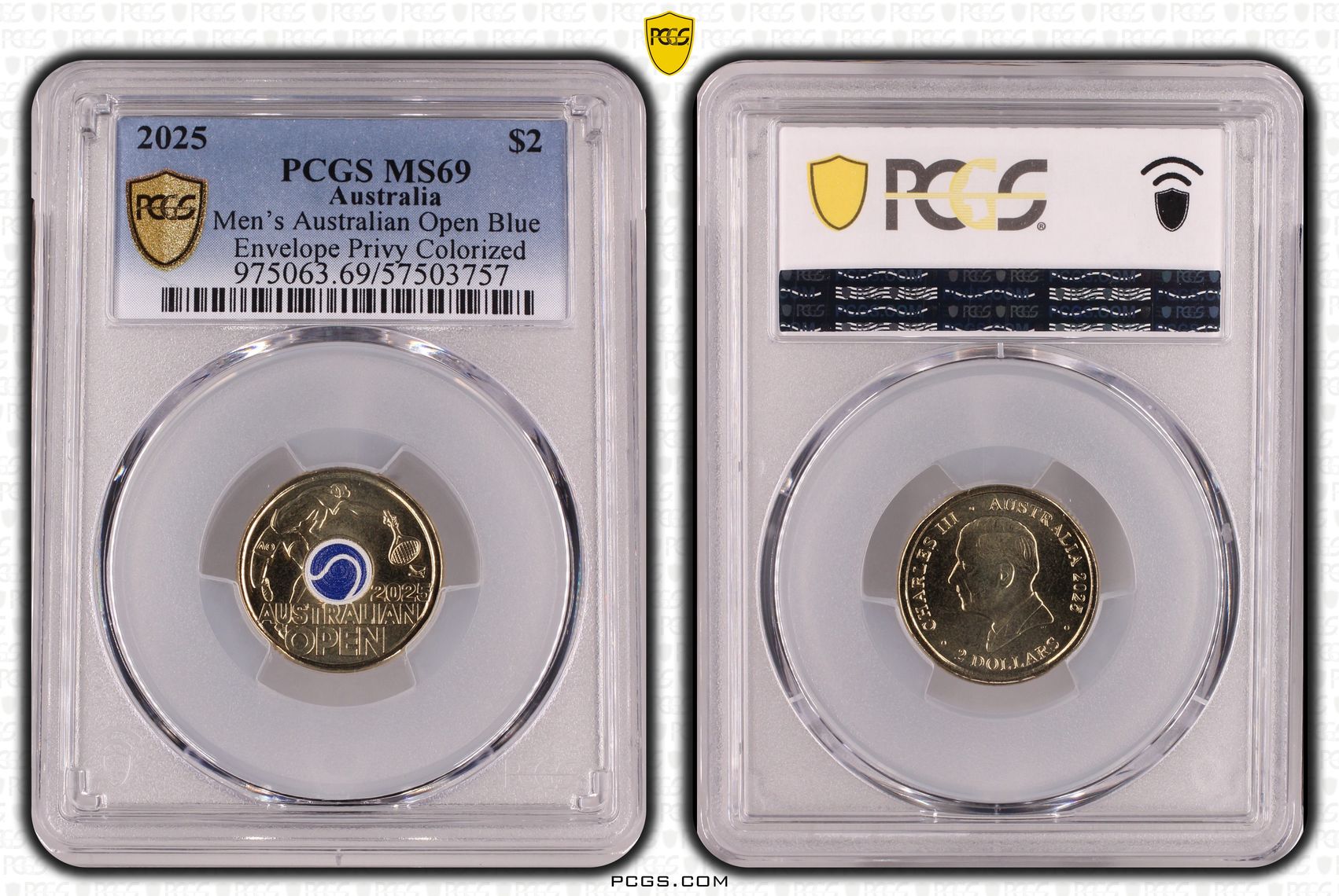 Men's Australian Open Blue Envelope Privy Colourised, Two Dollar, 2025, PCGS MS69