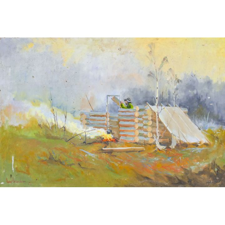 Gene Amondson ''Building a Cabin'' Oil on Masonite 24''x36'' - Unsigned