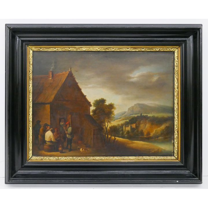 David Teniers (17th Century, Flemish) Landscape with Peasants Oil on Board. Framed- 22x27''