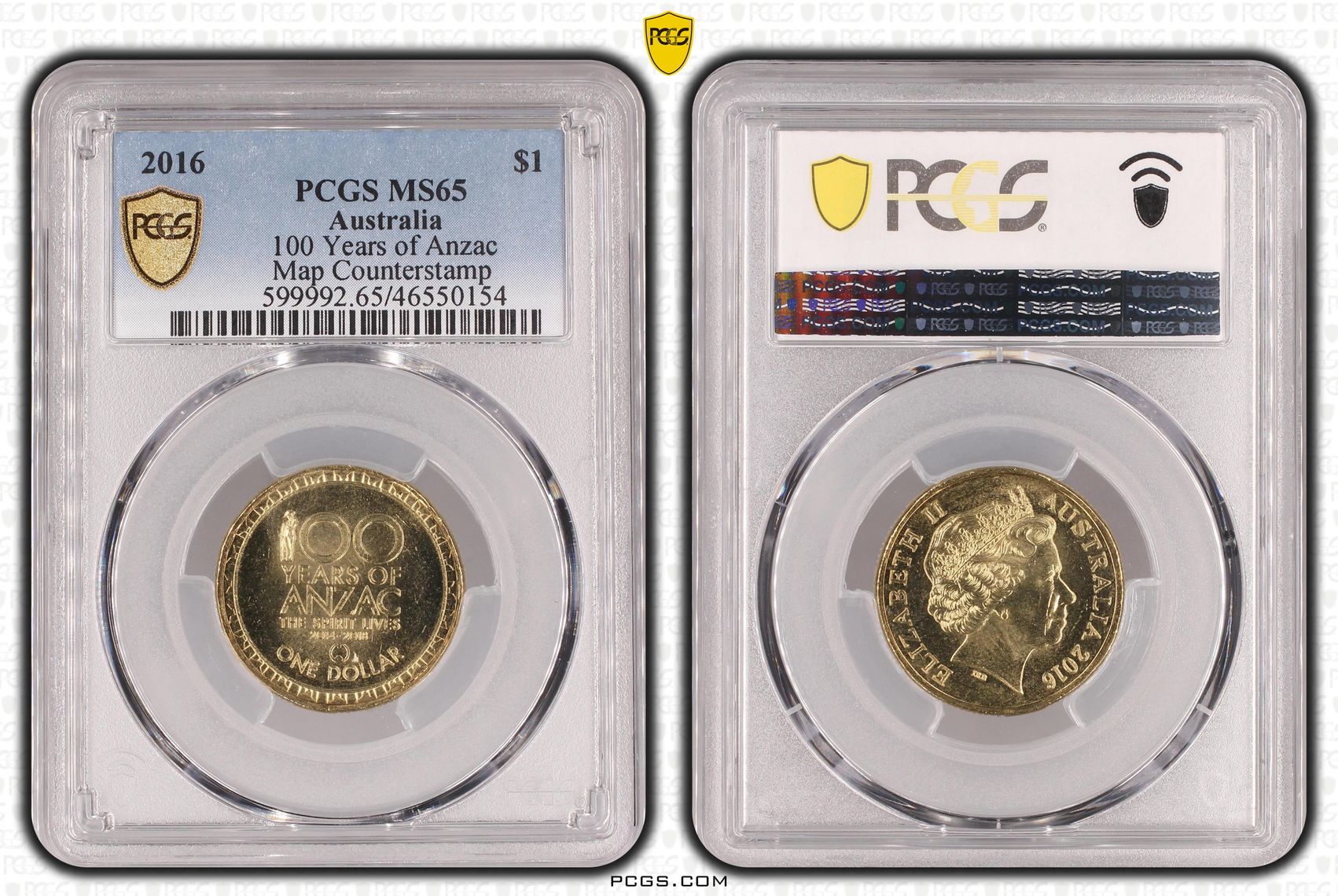 100 Years of Anzac, Map Counterstamp , One Dollar, 2016, PCGS MS65