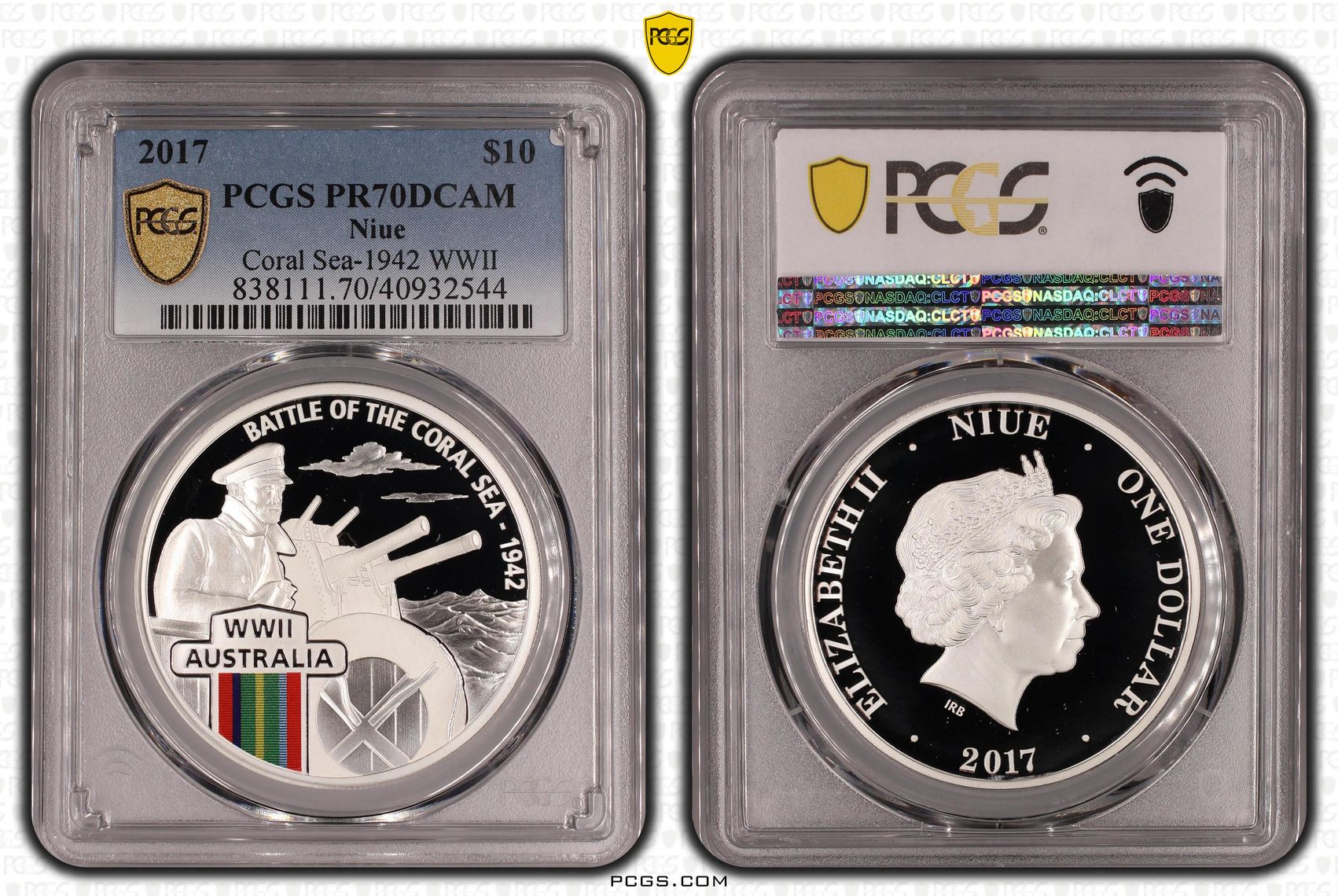 Niue, Coral Sea-1942 WWII, POP 2/0, One Dollar, 2017, PCGS PR70DCAM