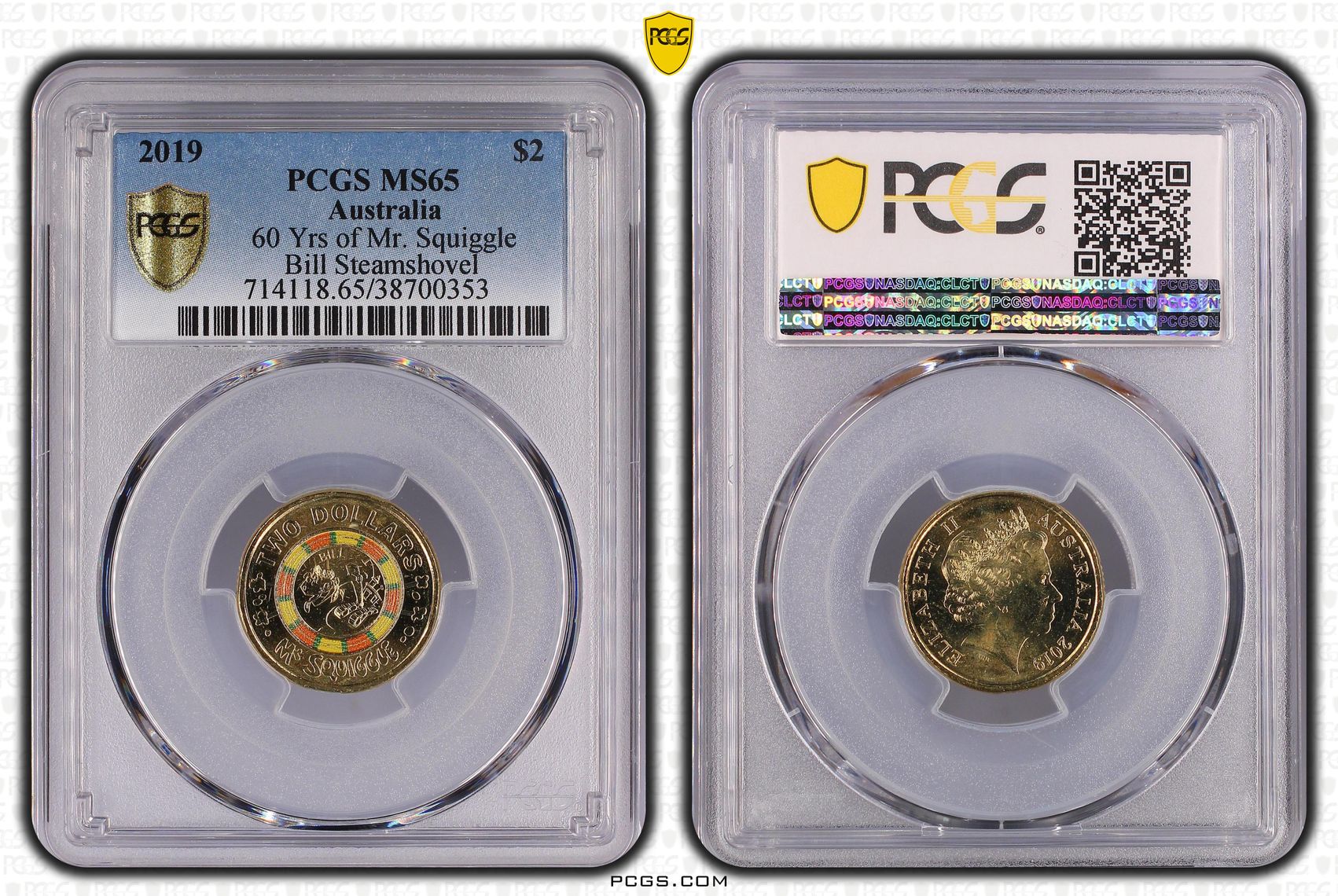 60 Yrs of Mr. Squiggle - Bill Steamshovel Colorized, Two Dollar, 2019, PCGS MS65