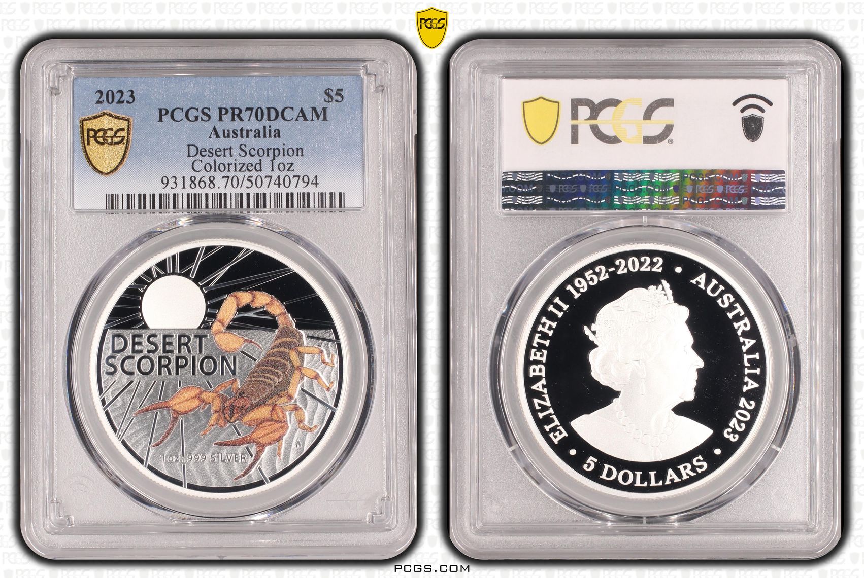 Desert Scorpion Colorized 1oz POP 7/0, Five Dollar, 2023, PCGS PR70DCAM