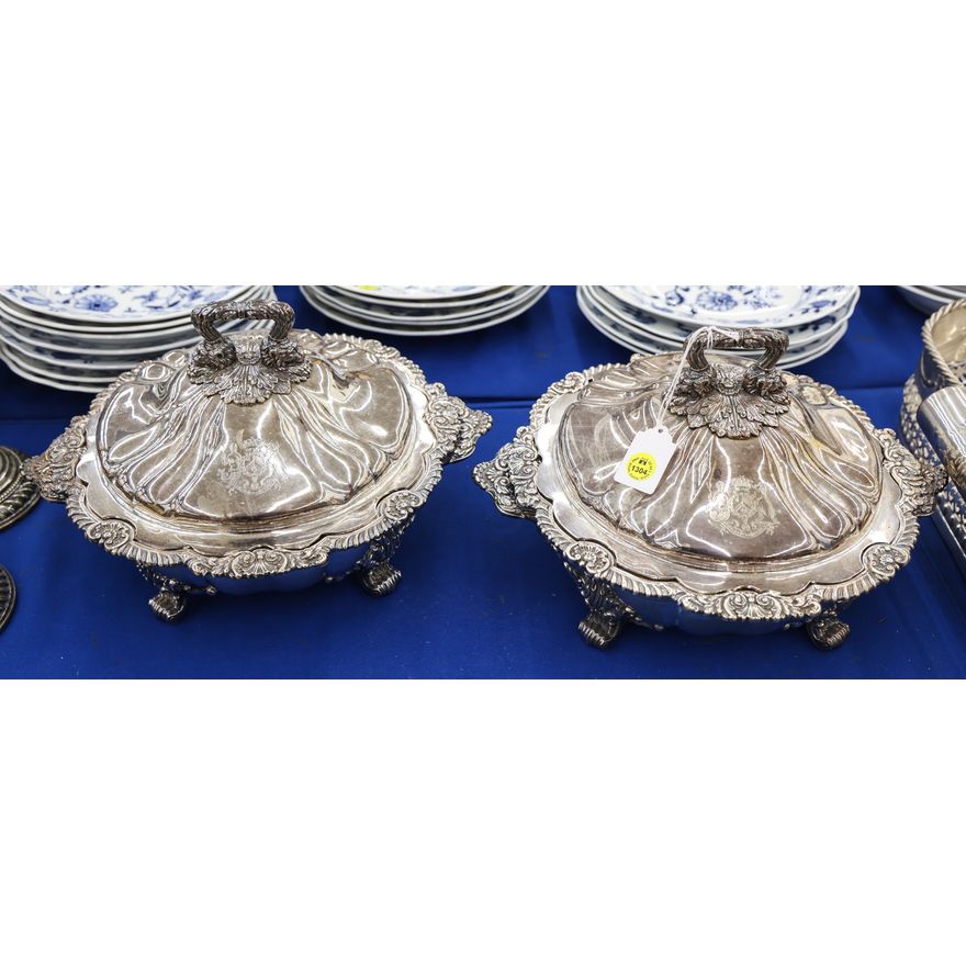 Pair Antique Sheffield Armorial Silverplated Covered Servers 13''