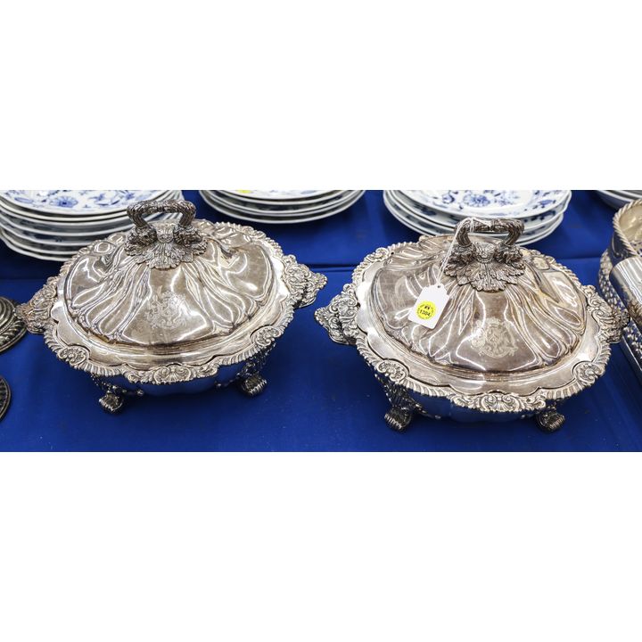 Pair Antique Sheffield Armorial Silverplated Covered Servers 13''