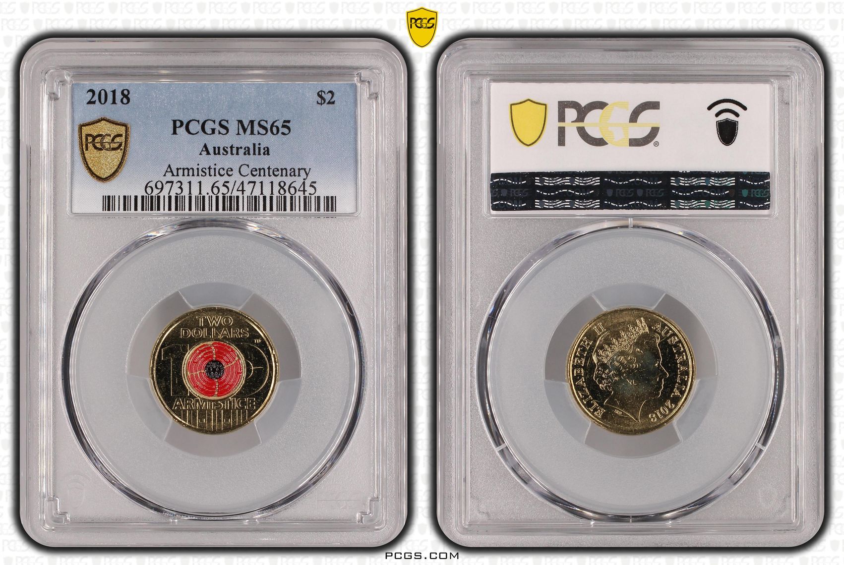 Elizabeth II, Armistice Centenary , Two Dollar, 2018, PCGS MS65