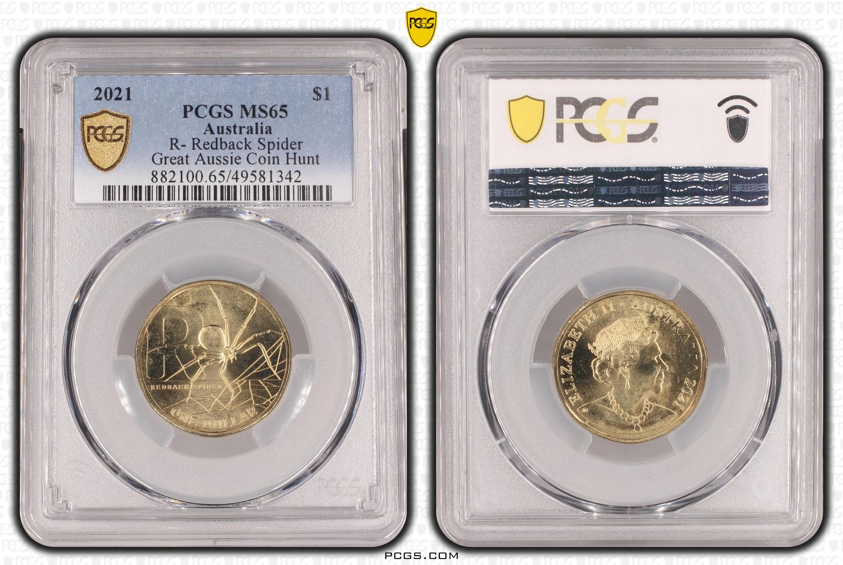 Elizabeth II, R- Redback Spider Great Aussie Coin Hunt , One Dollar, 2021, PCGS MS65