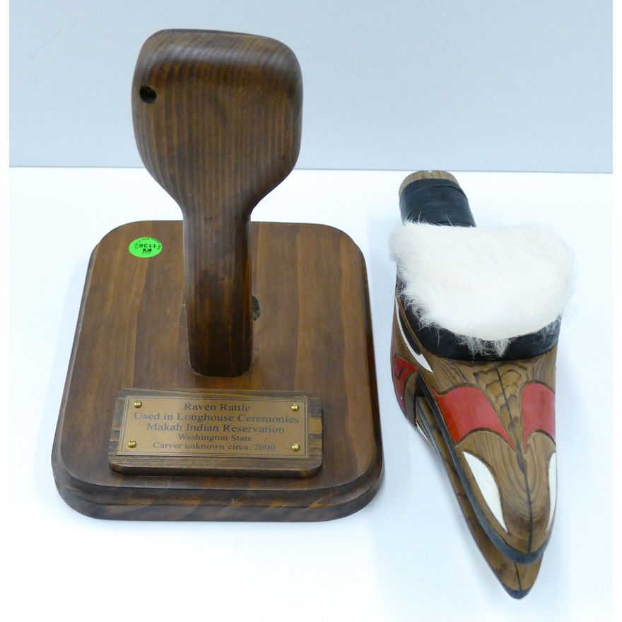 Makah Carved Cedar Raven Rattle on Wall Mount 12''