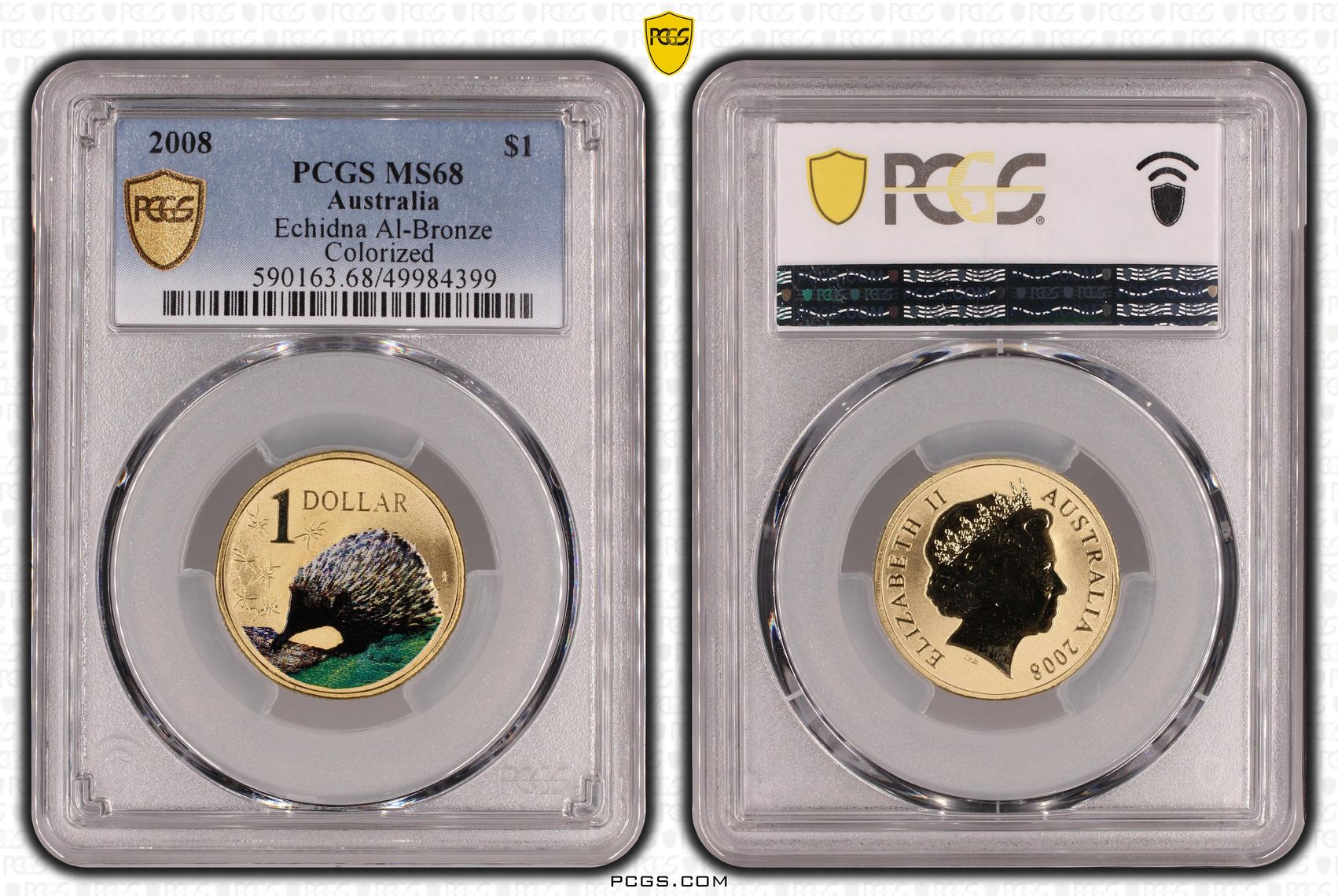 Echidna Al-Bronze Colorized , One Dollar, 2008, PCGS MS68