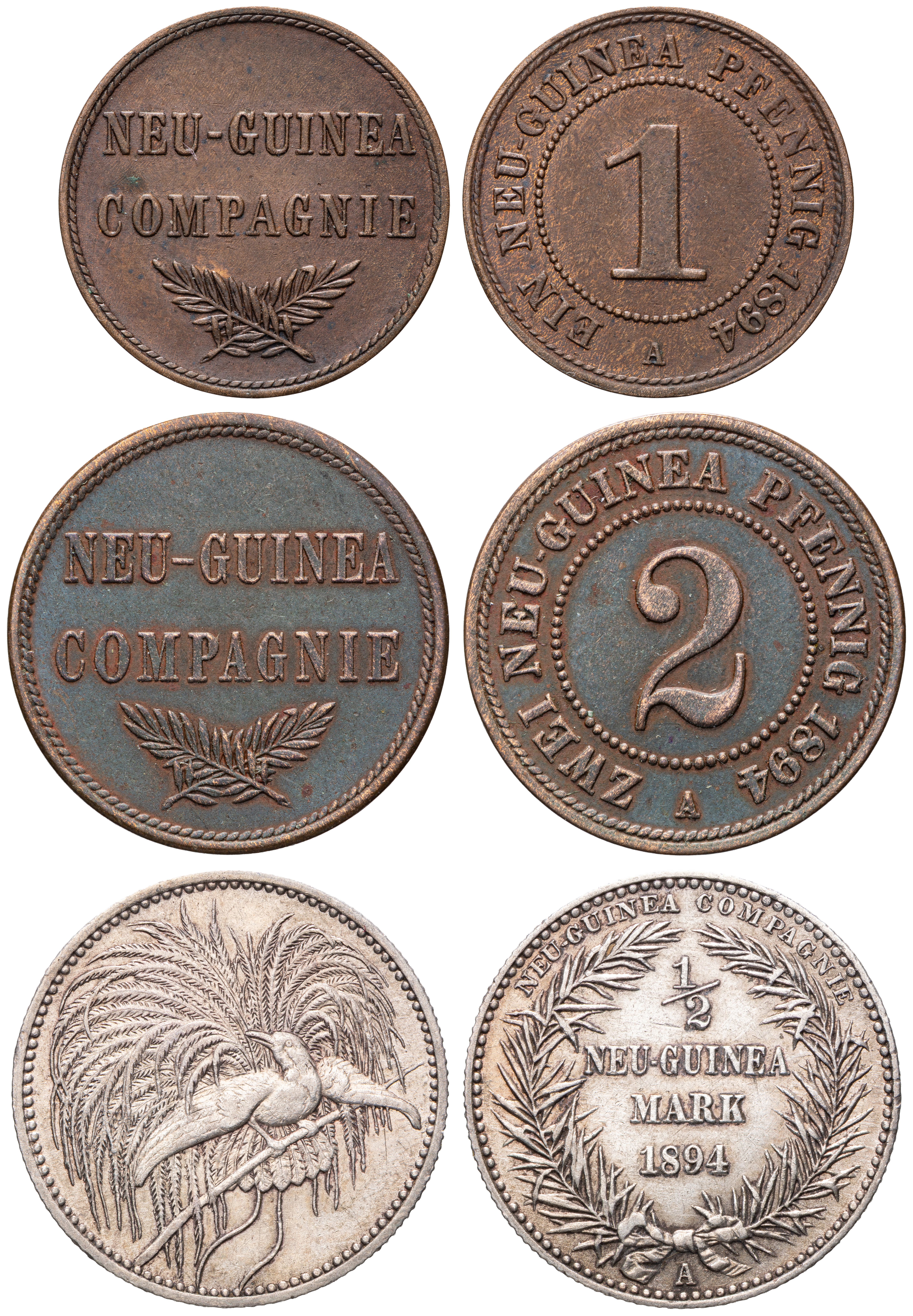 German New Guinea, Friedrich Wilhelm II, One Pfennig - Half Mark, 1894-A, F - VF