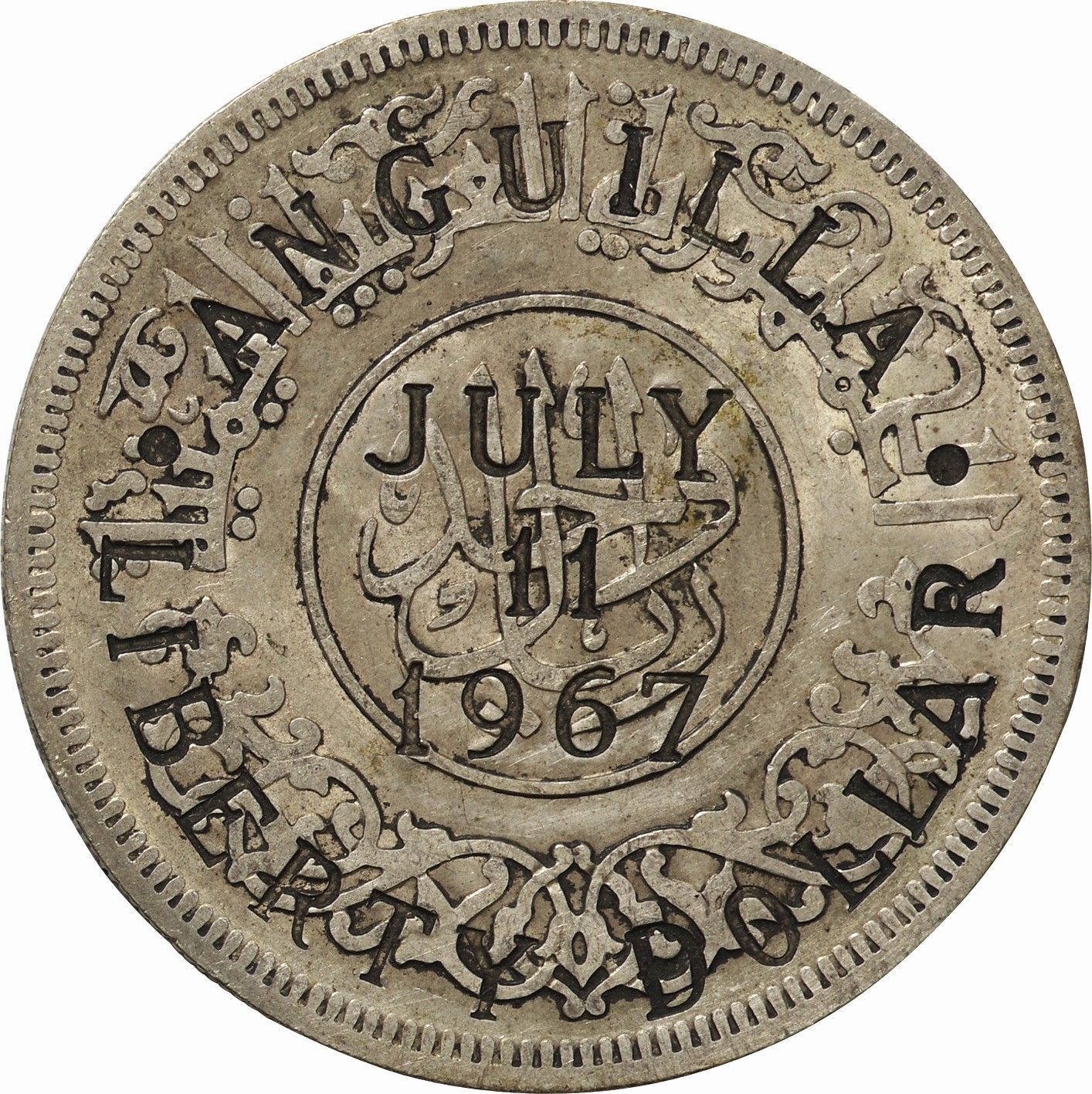 アンギラ 1967年 リバティー・ダラー 加刻1ドル銀貨 アンギラ-Anguilla. 普. F. Silver. 1ドル(Dollar). リバティー