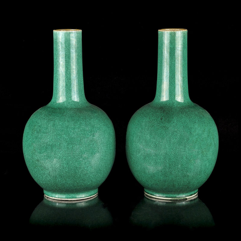 A Pair of Chinese Green and Crackled Glazed Porcelain Bottle Vases